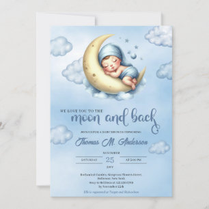 Invitación Luna azul y amarilla azul acuarela y niño trasero