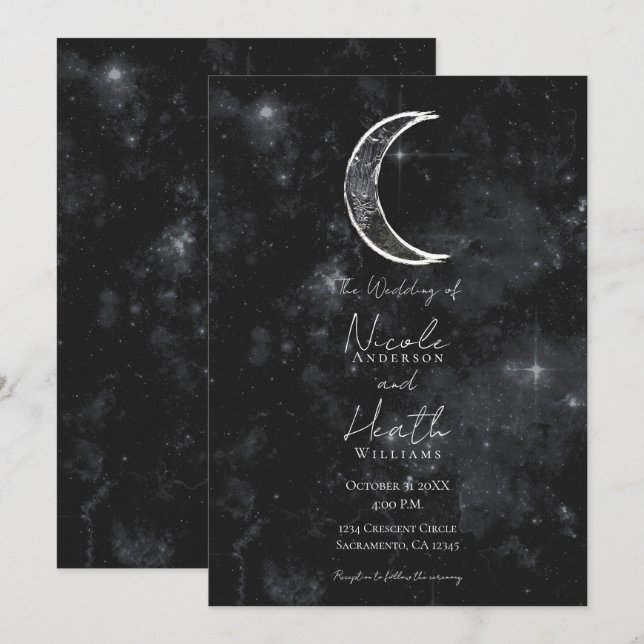 Invitación Luna Blanca Negra Noche Celestial Boda Estrellada (Anverso / Reverso)