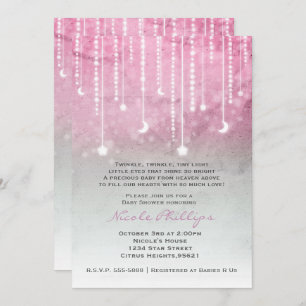 Invitación Luna Blanca Rosa Gris y Estrellas Baby Shower Cele
