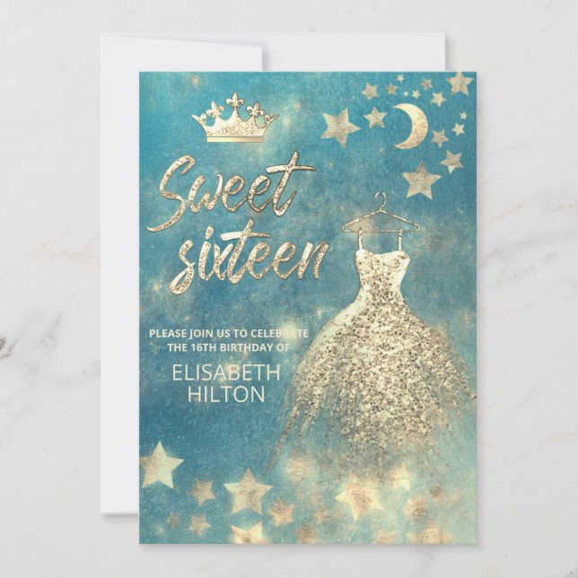 Invitación Luna celeste azul fresco y estrellas dulce diecisé (Anverso)