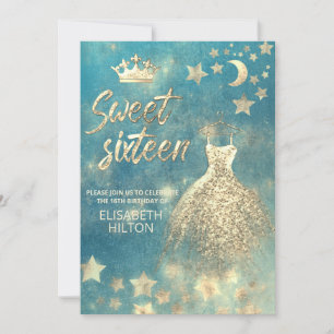 Invitación Luna celeste azul fresco y estrellas dulce diecisé