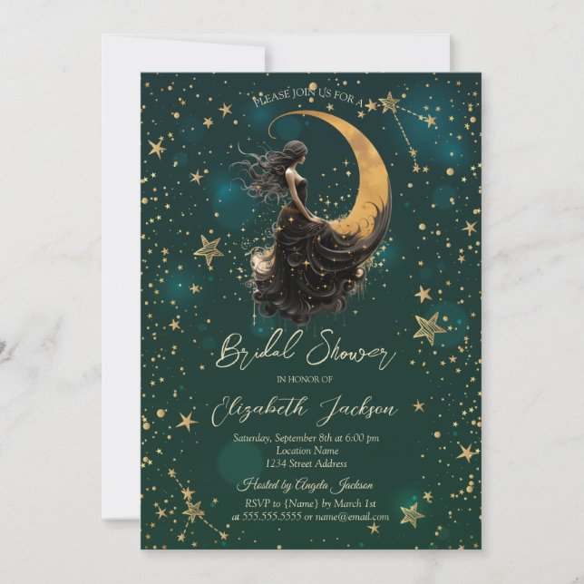 Invitación Luna Celeste, Chica Estrellas Ducha Verde de Novia (Anverso)