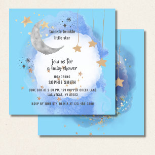Invitación Luna Celeste Estrellas, Azul Oscuro y Dorado