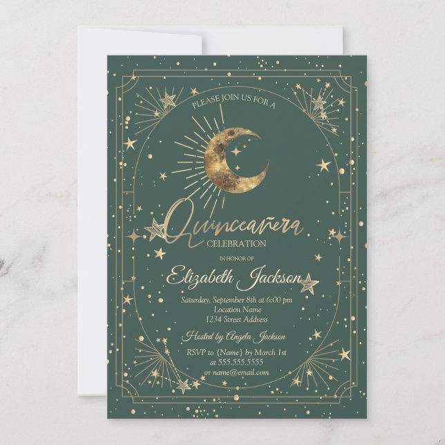 Invitación Luna Celeste Estrellas Marco Quinceañera (Anverso)