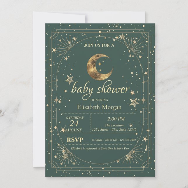 Invitación Luna Celeste Estrellas Marco Verde (Anverso)