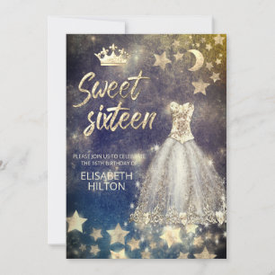 Invitación Luna celeste y estrellas caligrafía dulce dieciséi