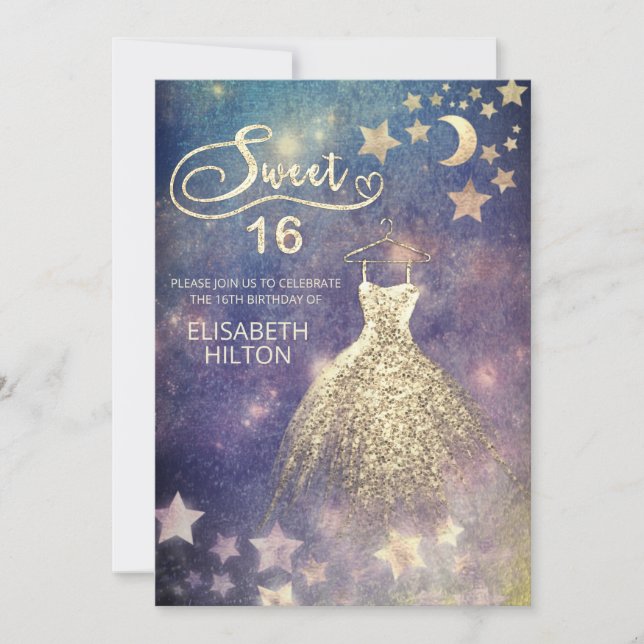 Invitación Luna celeste y estrellas caligrafía dulce dieciséi (Anverso)