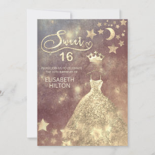 Invitación Luna celeste y estrellas caligrafía dulce dieciséi
