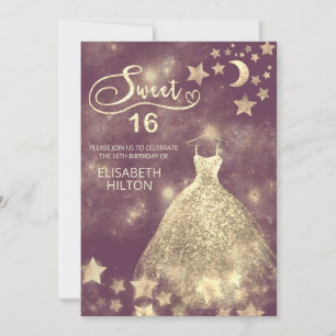 Invitación Luna celeste y estrellas caligrafía dulce dieciséi