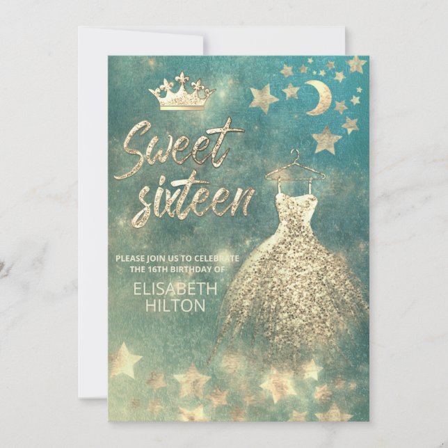 Invitación Luna celeste y estrellas caligrafía dulce dieciséi (Anverso)