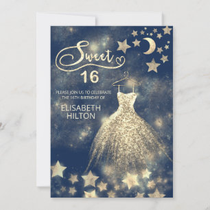 Invitación Luna celeste y estrellas caligrafía dulce dieciséi