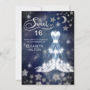 Invitación Luna celeste y estrellas caligrafía dulce dieciséi