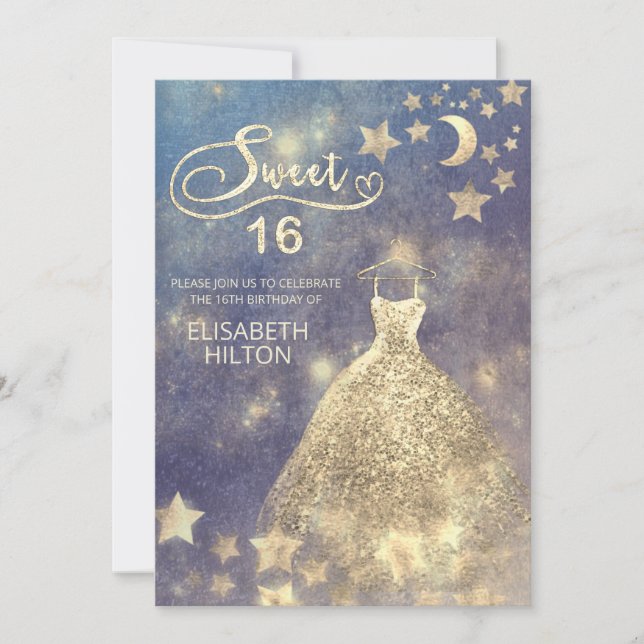 Invitación Luna celeste y estrellas caligrafía dulce dieciséi (Anverso)