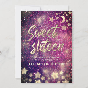 Invitación Luna celeste y estrellas caligrafía dulce dieciséi