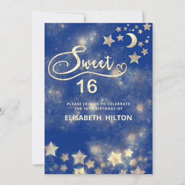 Invitación Luna celeste y estrellas caligrafía dulce dieciséi (Anverso)