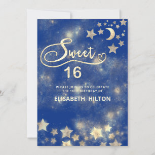 Invitación Luna celeste y estrellas caligrafía dulce dieciséi
