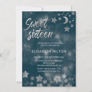 Invitación Luna celeste y estrellas caligrafía dulce dieciséi