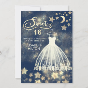 Invitación Luna celeste y estrellas caligrafía dulce dieciséi