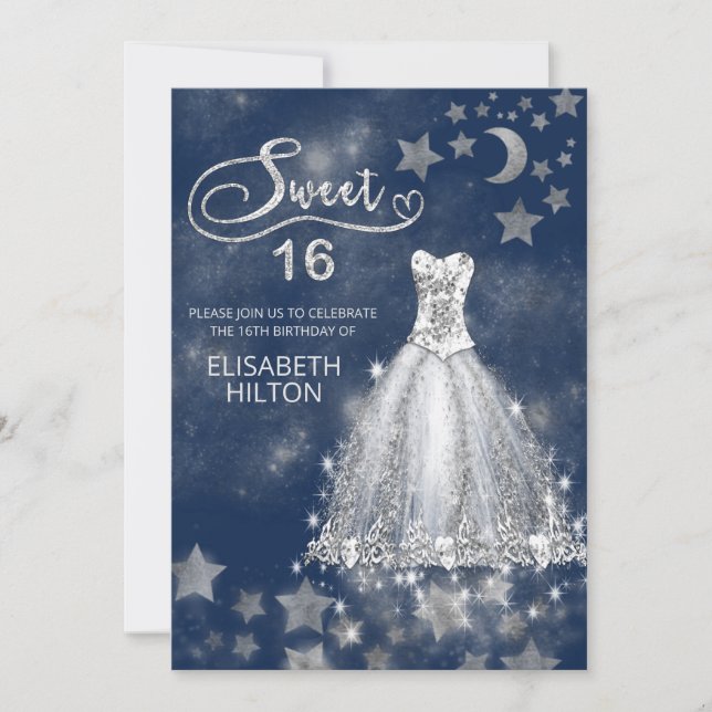 Invitación Luna celeste y estrellas caligrafía dulce dieciséi (Anverso)