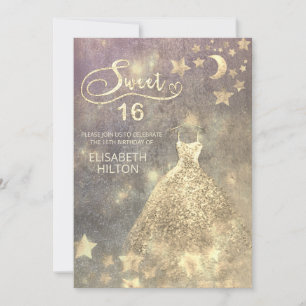Invitación Luna celeste y estrellas caligrafía dulce dieciséi