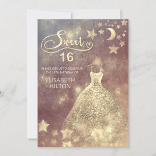 Invitación Luna celeste y estrellas caligrafía dulce dieciséi