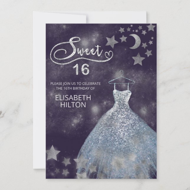 Invitación Luna celeste y estrellas caligrafía dulce dieciséi (Anverso)