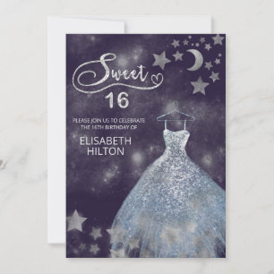 Invitación Luna celeste y estrellas caligrafía dulce dieciséi