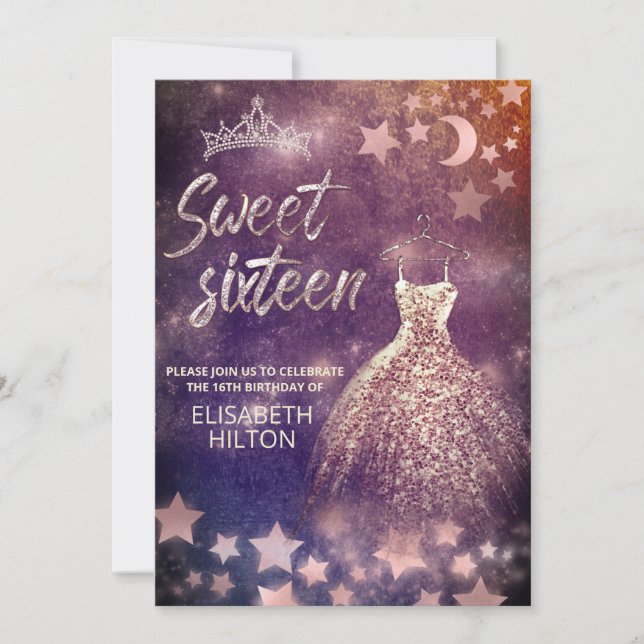 Invitación Luna celeste y estrellas caligrafía dulce dieciséi (Anverso)