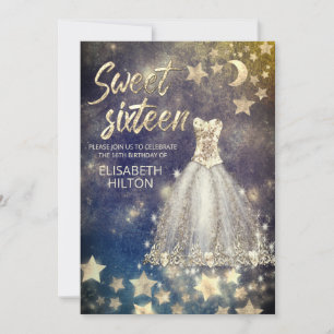 Invitación Luna celeste y estrellas caligrafía dulce dieciséi