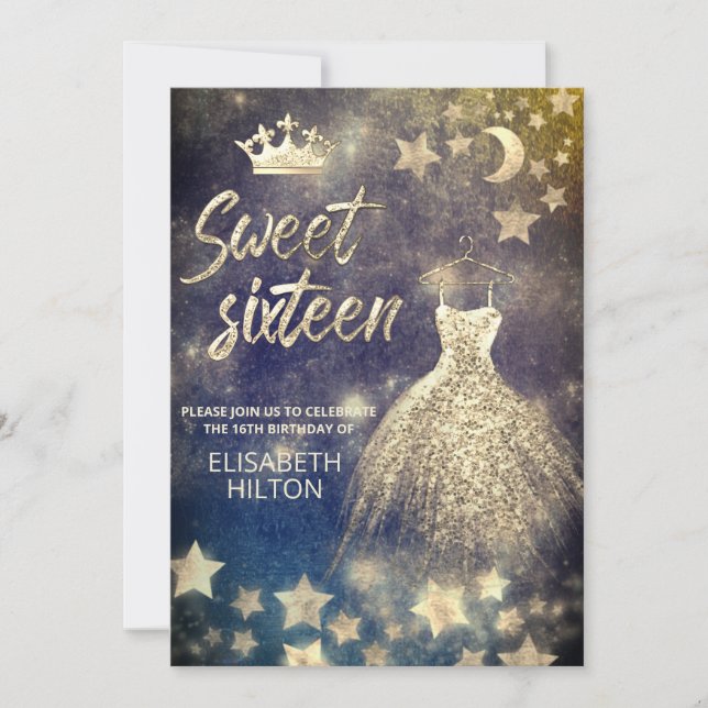 Invitación Luna celeste y estrellas caligrafía dulce dieciséi (Anverso)