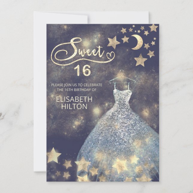 Invitación Luna celeste y estrellas caligrafía dulce dieciséi (Anverso)