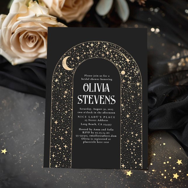 Invitación Luna celeste y estrellas ducha de novia negra (Celestial Black Bridal Shower Invitations)
