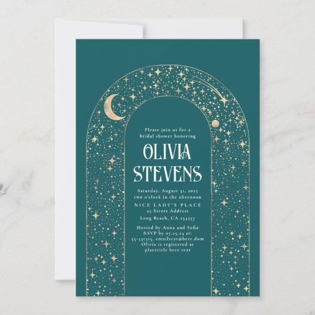 Invitación Luna celeste y estrellas ducha de novia Verde azul (Anverso)