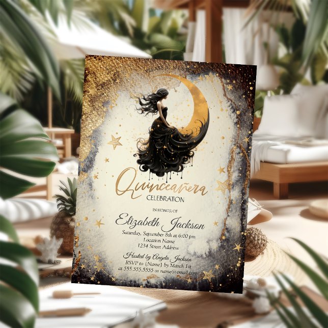 Invitación Luna Celestial Chica Acuarela Estrellas Quinceañer (Subido por el creador)