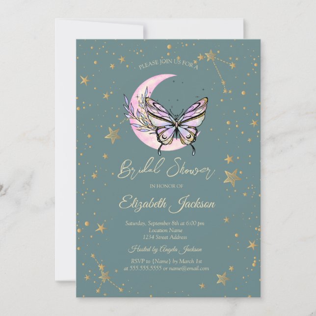 Invitación Luna Celestial, Mariposas Estrellas Verde Despedid (Anverso)
