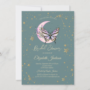 Invitación Luna Celestial, Mariposas Estrellas Verde Despedid