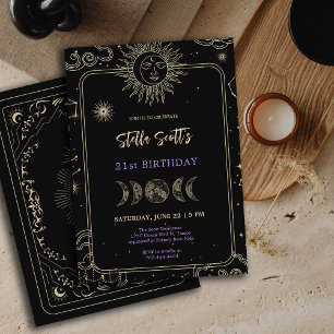 Invitación Luna Celestial Mística Negra 21 cumpleaños