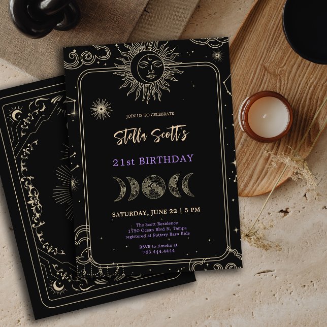 Invitación Luna Celestial Mística Negra 21 cumpleaños (Black Mystic Celestial Moon 21st Birthday Invitation)