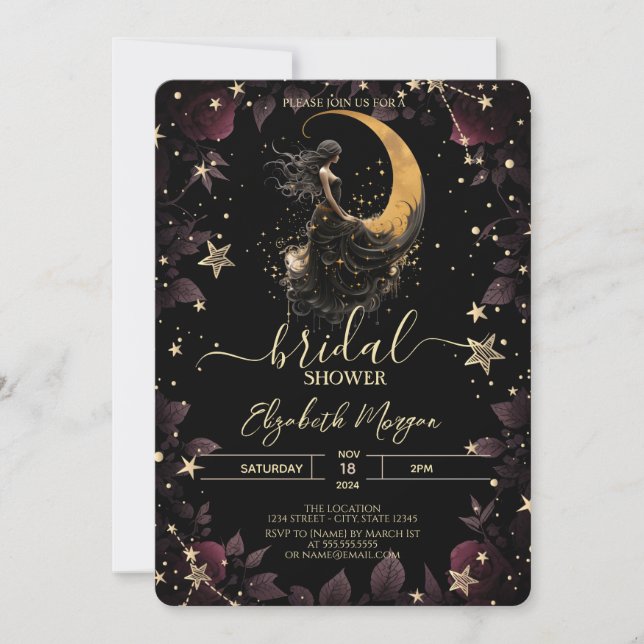 Invitación Luna Celestial, Niña, Flores de Estrellas Ducha de (Anverso)