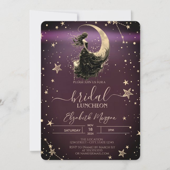 Invitación Luna celestial, niña y estrellas en fondo burdeos (Anverso)