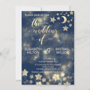 Invitación Luna celestial romántica y estrellas caligrafía or