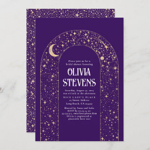 Invitación Luna Celestial y Estrellas Ducha Bridal Púrpura