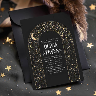 Invitación Luna Celestial y Estrellas Nacimiento Místico Negr