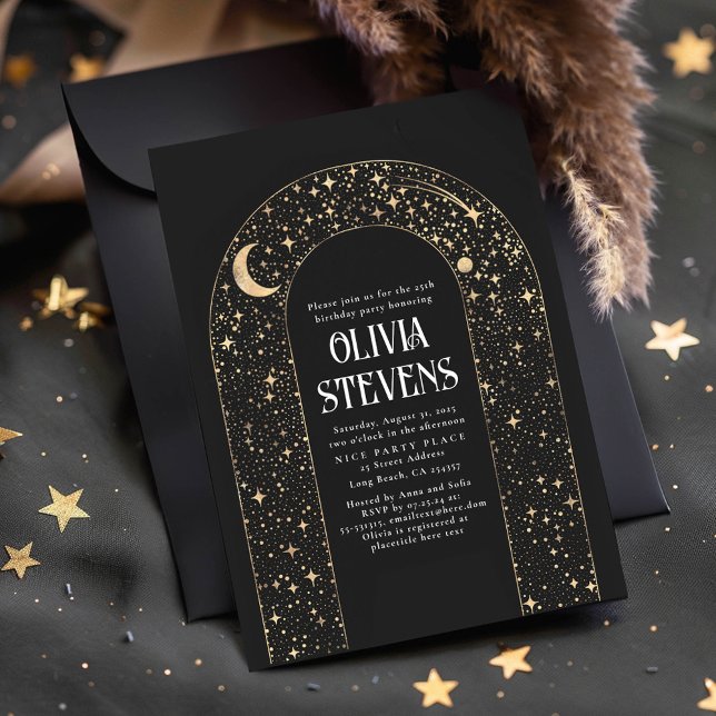 Invitación Luna Celestial y Estrellas Nacimiento Místico Negr (Celestial Astronomy Birthday Invitations)