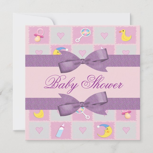 Invitación Luna, corazones y juguetes bebés Girly Baby Shower (Anverso)