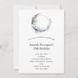 Invitación Luna creciente azul con flores blancas de cumpleañ