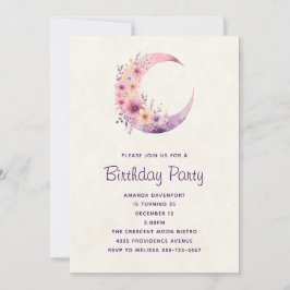 Invitación Luna creciente rosa con flores de cumpleaños bonit