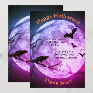 Invitación Luna, cuervo, murciélagos, cielo morado Halloween
