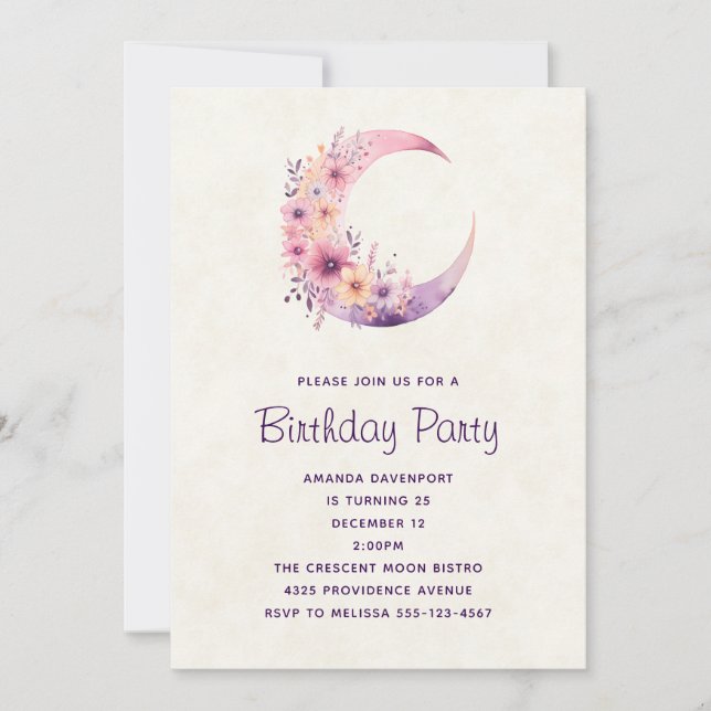 Invitación Luna de Creciente Rosa con Flores de Bonito Cumple (Anverso)