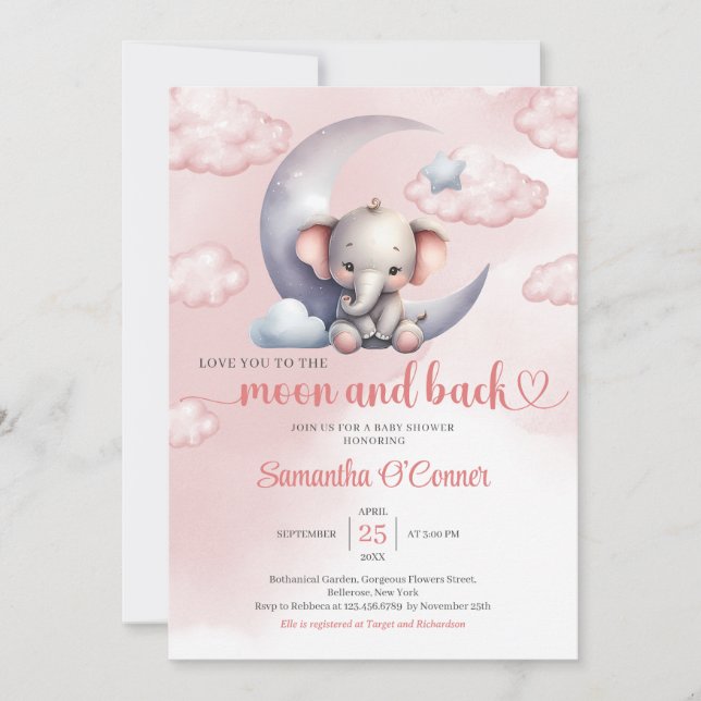 Invitación Luna de elefante y Baby Shower chica trasero (Anverso)